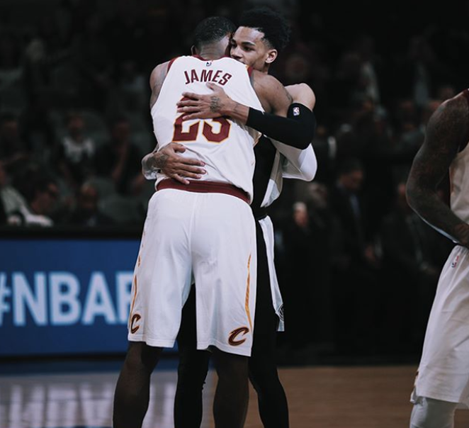 LeBron James embraces Dejounte Murray - SPURS / INSTAGRAM