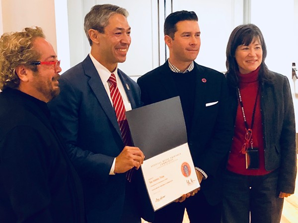 (L-R) Henry Brun, San Antonio Arts Commission music committee chair and local musician; San Antonio Mayor Ron Nirenberg; Brendon Anthony, Texas Music Office director; and Debbie Racca-Sittre, Department of Arts & Culture director. - Chris Conde