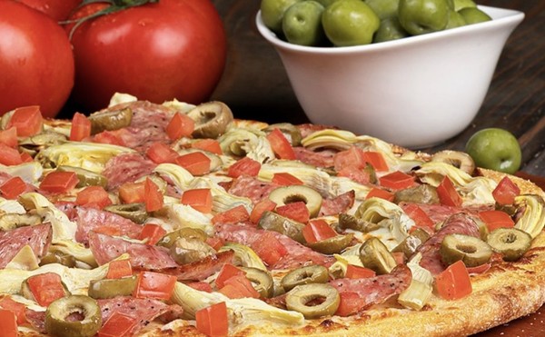 Pizza Guys' Mediterranean Pizza features 100% whole milk mozzarella, green olives and Italian salami.