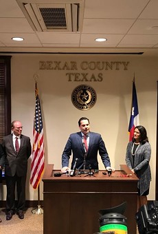 Former state Rep. Justin Rodriguez addresses county officials during his swearing in as Bexar County Commissioner.