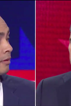 Julian Castro and Beto O'Rourke share a split-screen moment during Wednesday's Democratic debate.