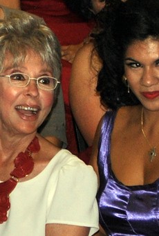Rita Moreno (left) with actress Alyssa Lopez, who plays Moreno's character Anita at Woodlawn's showing of West Side Story.