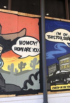 Public images created by artists who adorned boarded up storefronts on Austin's 6th Street entertainment district.