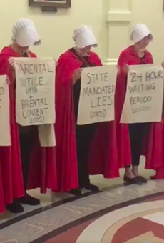 Women dressed like characters from The Handmaid's Tale protesting anti-abortion bills at the Texas state capitol during the 2019 legislative session.