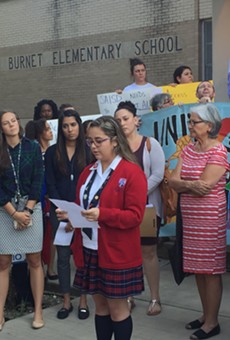 A SAISD speaks out in support of DACA and LGBT students before Monday night's board meeting.