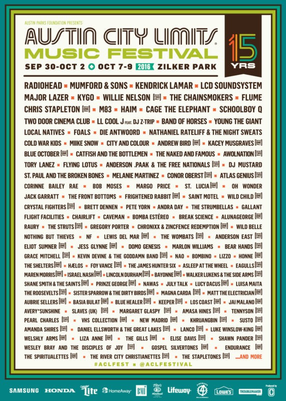 The full lineup for the 2016 Austin City limits Festival. - ACLFEST.COM
