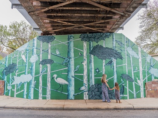 Canopy
Fulton Railroad Underpass, 729 Fulton Ave.
Artist: Joey Fauerso
Playfully rendered in a palette of cool blues and greens, San Antonio artist and educator Joey Fauerso’s Canopy mural brings a sense of serenity to a railroad underpass in Alta Vista.