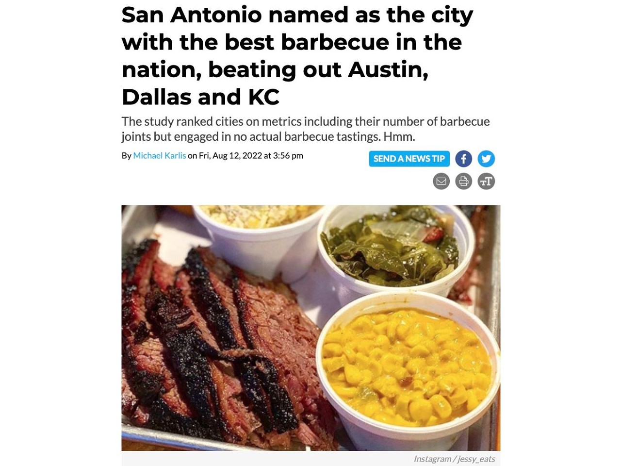 17. San Antonio named as the city with the best barbecue in the nation, beating out Austin, Dallas and KC