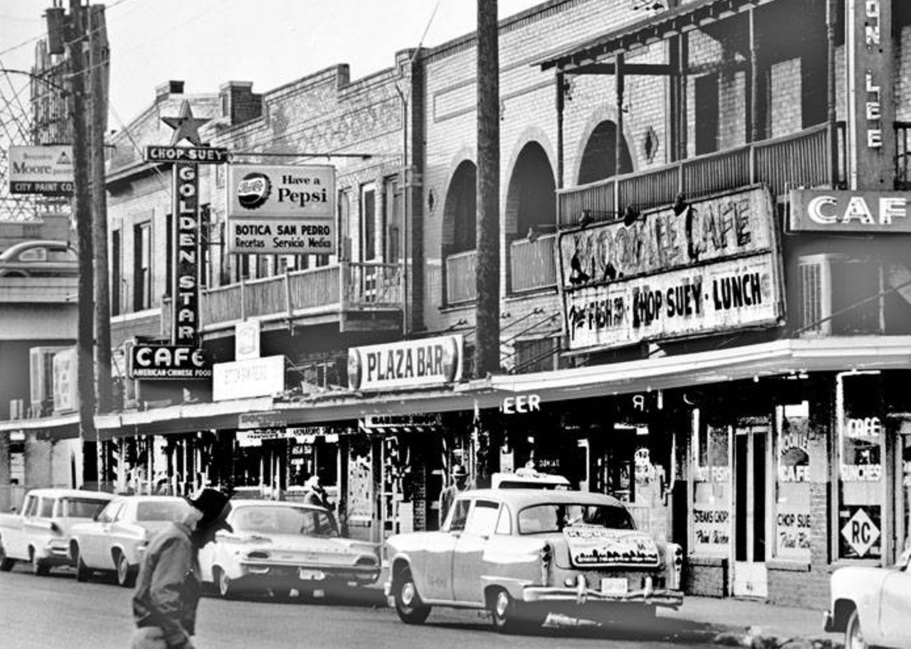 The 1100 block of West Commerce had a lot of businesses in this photo, circa 1965. Here you can see Golden Star Cafe, Botica San Pedro, Plaza Bar and the Moon Lee Cafe. While there's a Golden Star Cafe at 821 West Commerce, none of the other businesses operate today.
