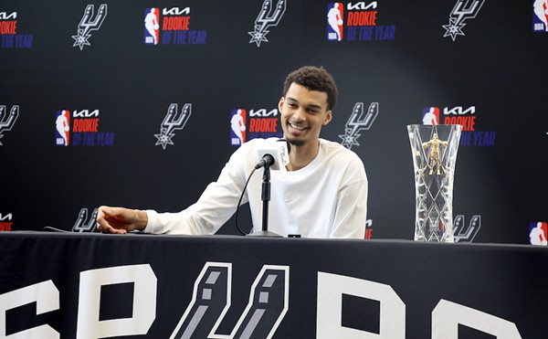 San Antonio Spur Victor Wembanyama answers questions from the press at Saturday's ceremony.