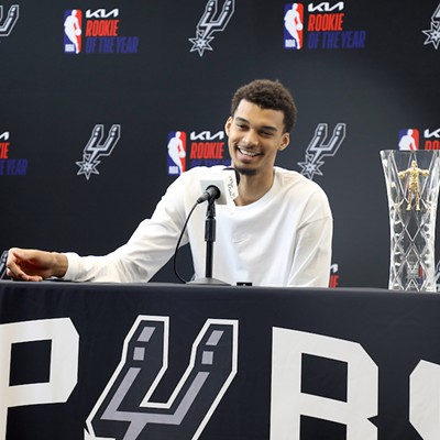 San Antonio Spur Victor Wembanyama answers questions from the press at Saturday's ceremony.