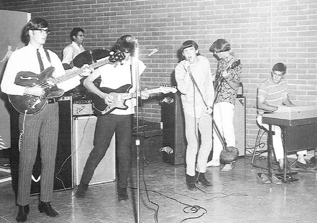 When we were kings: The Laughing Kind at the Teen Canteen in 1967. From left: Bill Smith, Sol Caseeb, Roy Cox, Tommy Smith, Keith Miller, and Bobby Treviño. - SAM KINSEY’S TEEN CANTEEN ARCHIVES