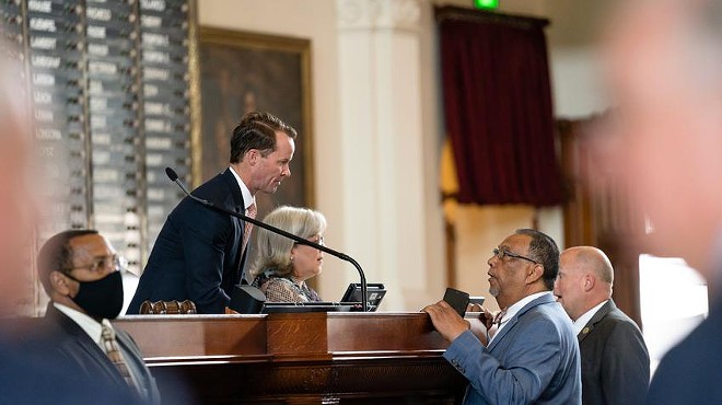 House Speaker Dade Phelan speaks with legislators on the opening day of the special session at the Texas Capitol on July 8, 2021. The special session ends this Friday.