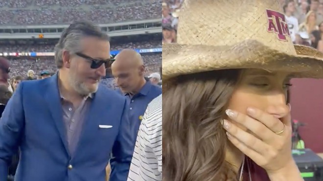 College football fan Lucy Rohden (right) pretends to be nauseated as U.S. Sen. Ted Cruz approaches her on the Texas A&M sidelines.